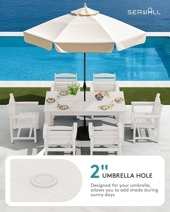 SERWALL Patio Dining Sets for 8, Outdoor Dining Sets for 8 Person with 2 Umbrella Hole Cut-Out Rectangular Tables and 8 Chairs, HDPE Dining Sets for Garden, Backyard, Poolside, White