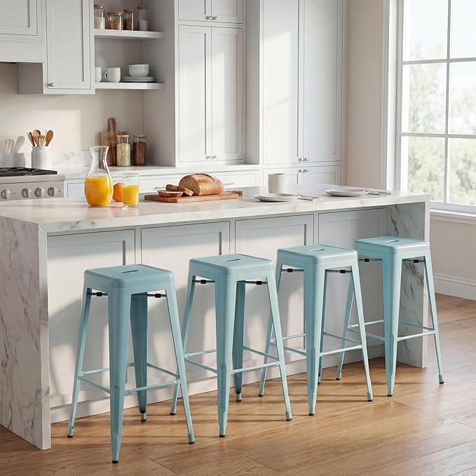 Shahoo 30 Inches Metal Bar Stools Counter Height Stackable Backless Stools, Industrial Patio Stools Indoor Outdoor Metal Kitchen Stools Set of 4 (Blue, 30'')