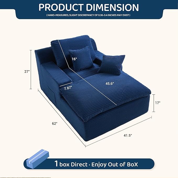 63" Chaise Lounge Chair Indoor, Set of Convertible Sleeper Sofa Couch with Throw Pillows & Side Pockets, Corduroy Upholstered Oversized Sofa Bed with Armrests for Living Room Bedroom, Blue
