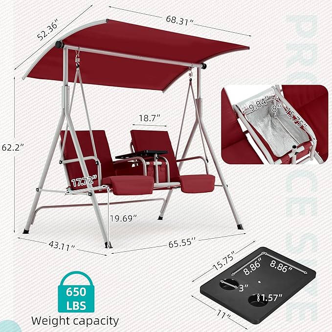 HOMREST 2 Seat Outdoor Porch Swing,Patio Swing with Adjustable Canopy,Heavy Duty 650 LBS Outdoor Swing with Pivot Storage Table & 2 Cup Holders & Cushions for Yard, Lawn, Backyard, (Burgundy)