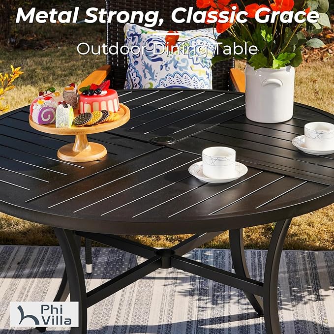 PHI VILLA 5 Pieces Outdoor Dining Set for 4 with Umbrella, 42" Large Round Metal Steel Table & Stackable Iron Chairs with Cushions & 10ft Red Umbrella, Modern Furniture for Patio, Deck, Yard, Porch