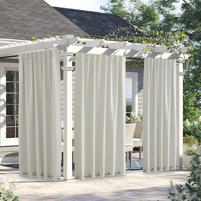 NICETOWN 2 Panels Weighted Outdoor Curtains for Patio Waterproof, Thermal Insulated Grommet & Back Tab on Top & Bottom Windproof Sun Blocking Draperies for Gazebo with Rope, Natural, W66 x L84