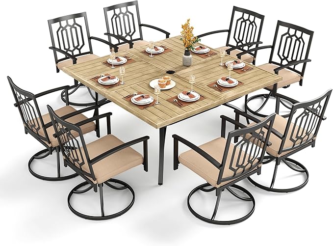 PHI VILLA 9 Pieces Outdoor Dining Set for 8, 60” Square Wrought Iron Table with Wood-Like Tabletop & Swivel Metal Steel Chairs, Large Outside Furniture Set for Patio, Porch, Deck, Backyard