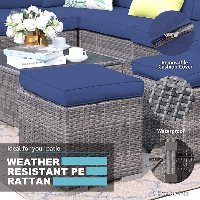 Patiorama 2 Pieces Assembled Outdoor Patio Ottoman, Indoor Outdoor All-Weather Grey Wicker Rattan Outdoor Footstool Footrest Seat w/Navy Blue Cushions,Outdoor Ottoman for Patio,No Assembly Required
