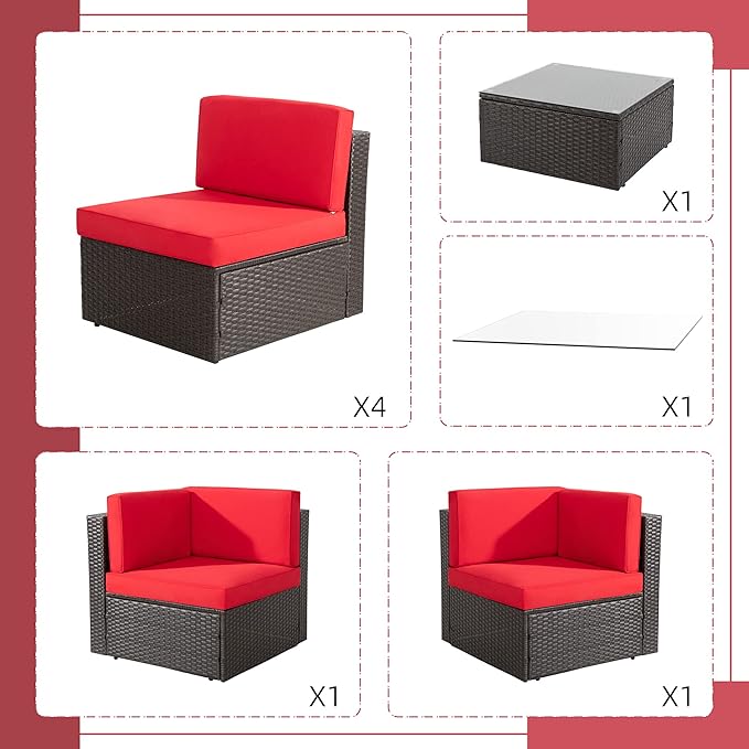 Shintenchi 7 Pieces Patio Furniture Sets Outdoor All-Weather Sectional Patio Sofa Set PE Rattan Manual Weaving Wicker Patio Conversation Set with Glass Table&Ottoman Cushion and Red Pillows, Red