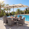 Tangkula 9 Piece Rattan Outdoor Dining Set with 13Ft Umbrella for 6, Outdoor Wicker Table Set with 6 Cushioned Armchairs, Acacia Wood Top, Outdoor Umbrella & with Base Included