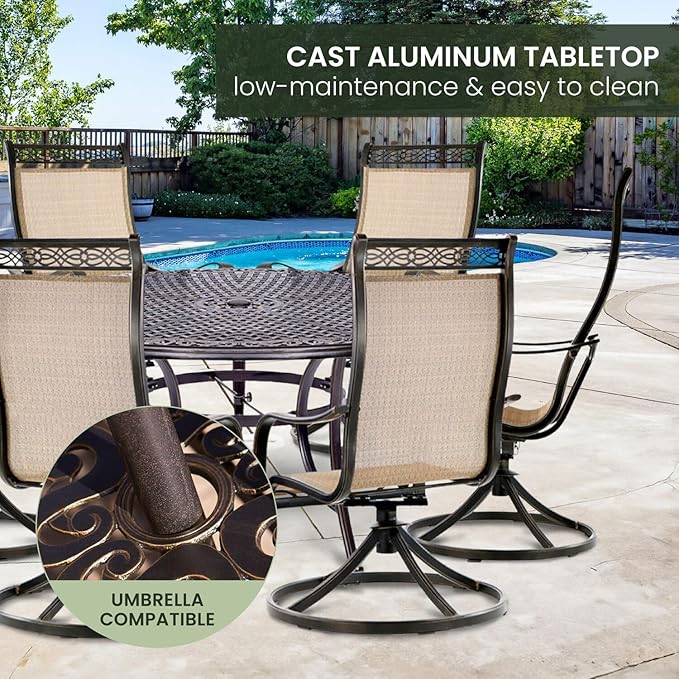 Hanover Manor 7-Piece Outdoor Dining Set with 6 PVC Sling 360 Degree Swivel Rockers, and Rust Resistant Aluminum Round Dining Table, Patio Dining Set for 6 for Backyard, Deck, Patio, Porch