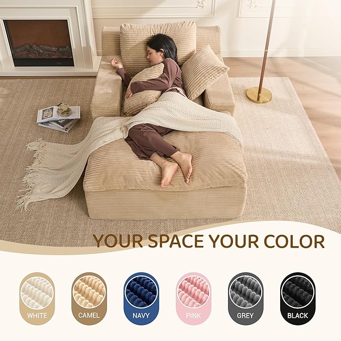 63" Chaise Lounge Chair Indoor, Set of Convertible Sleeper Sofa Couch with Throw Pillows & Side Pockets, Corduroy Upholstered Oversized Sofa Bed with Armrests for Living Room Bedroom, Camel