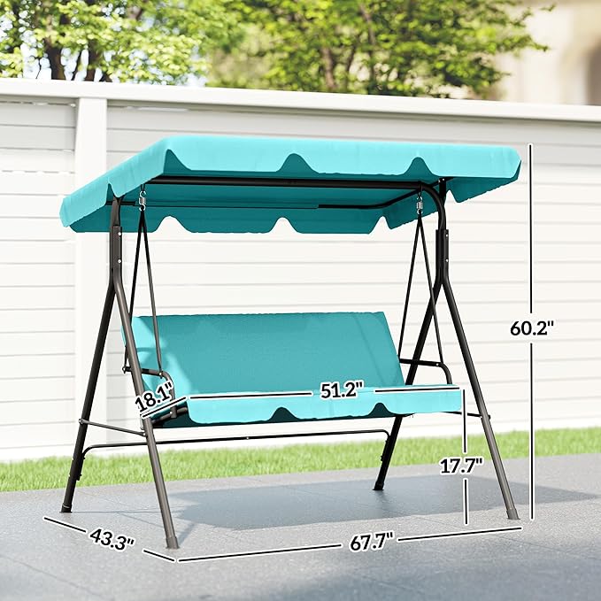 Outsunny 3-Seat Outdoor Patio Swing Chair with Removable Cushion, Steel Frame Stand and Adjustable Tilt Canopy for Patio, Garden, Poolside, Balcony, Backyard, Green