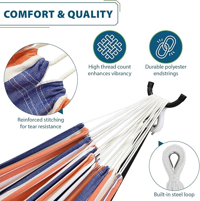 Vivere Double Cotton Hammock with Space Saving Steel Stand, Upgraded Polyester End Strings 450 lb Capacity - Premium Carry Bag Included - USA Grown Cotton (Orange Punch)