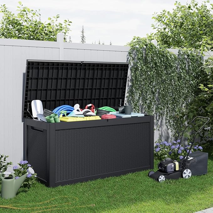 ROJIK Outdoor Storage Housing Deck Box,Waterproof Patio Furniture, Garden Tools, Cushions, Pool Accessories Storage Bench with Lockable Lid and Side Handles (Black,320 Gallon)