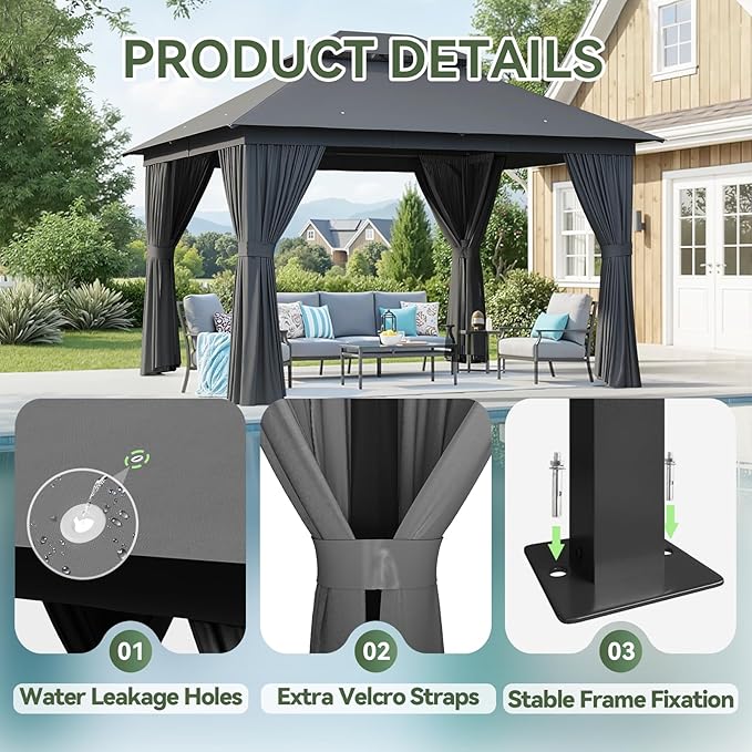 Aoxun Outdoor Gazebo for Patio 10x12, Metal Frame Canopy with Double Roofs, Heavy Duty Party Tent and Shelter with Mosquito Netting and Privacy Screen for Backyard, Lawn, Garden, Deck