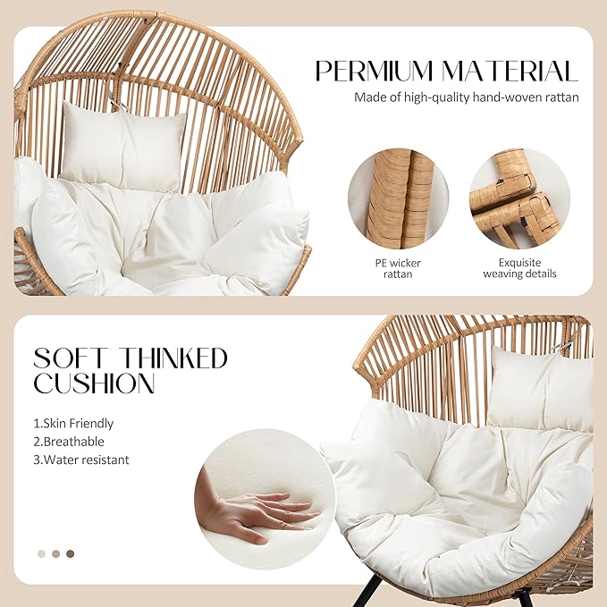 JAMFLY Egg Chair Rocking Chairs, Wicker Patio Chair Oversized Lounger Chair with Cushion for Indoor Living Room Bedroom Outdoor Patio Backyard Balcony Garden, Beige
