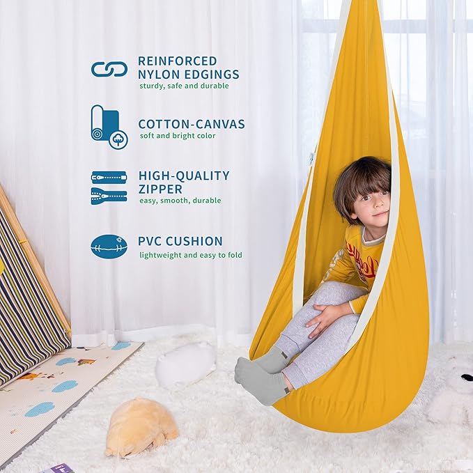 OUTREE Kids Pod Swing Seat, Cotton Child Hammock Swing Chair, Sensory Swing for Indoor and Outdoor Use, Yellow and White