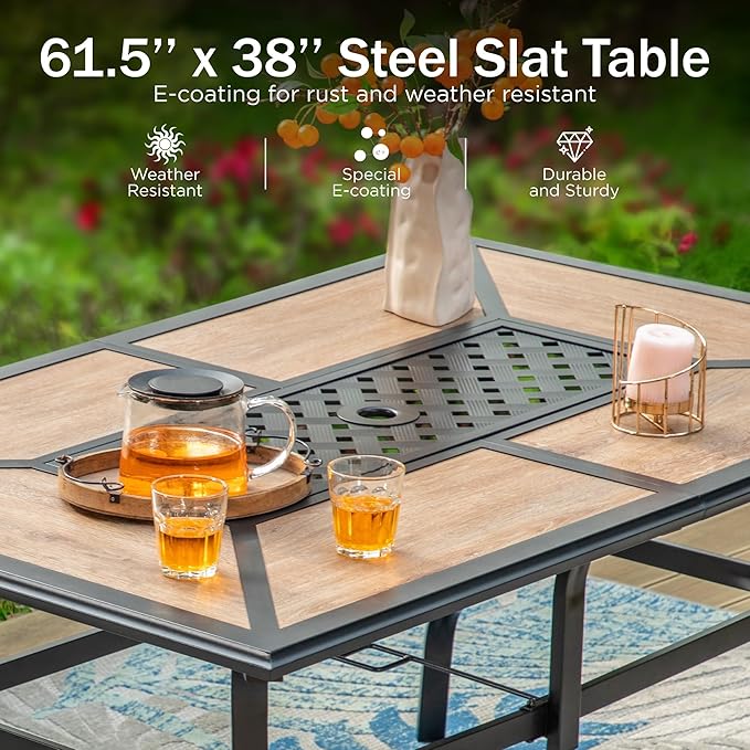 PHI VILLA Outdoor Patio Dining Set with Haze Blue Umbrella for 6 Person, Outdoor Swivel Dining Chairs & 1 Large Wooden-Like Top Table with 13ft Outdoor Umbrella(No Base) for Deck Lawn Garden Backyard