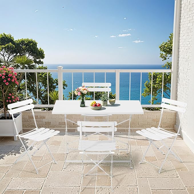 MELLCOM 5-Piece Foldable Patio Dining Set with Rectangular Table and Chairs, Weather-Resistant Iron Outdoor Dining Set for 4 People, Outdoor Table and Chairs for Patio, Yard, Indoor, White