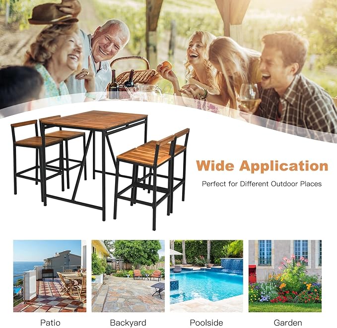 HAPPYGRILL 5 Pieces Patio Bar Table Set with Umbrella Hole Acacia Wood High-Dining Bistro Set with 4 Bar Stool, PE Wicker Outdoor Bar Set