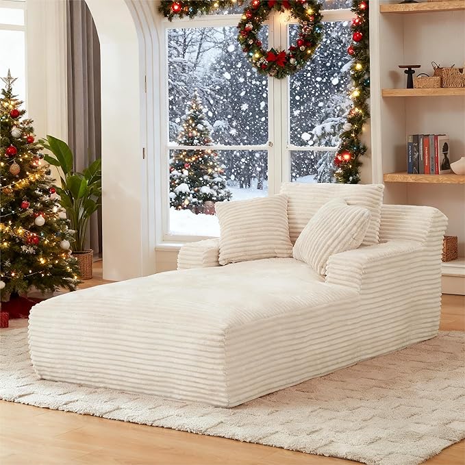 78.7" Chaise Lounge Chair Indoor, Oversized Boneless Couch Comfy Upholstered Sleeper Sofa Bed with 3 Pillows, Corduroy Cloud Reading Chair for Living Room No Assembly Required, White