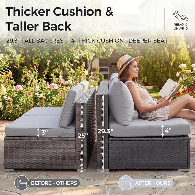 NICESOUL 10 Piece Modern Outdoor Patio Furniture Set with Firepit Natural Gas Propane Convertible, 29.3'' High Back Extra Large Size Wicker Conversation, Deep Wide Comfortable Couch for Outside, Grey