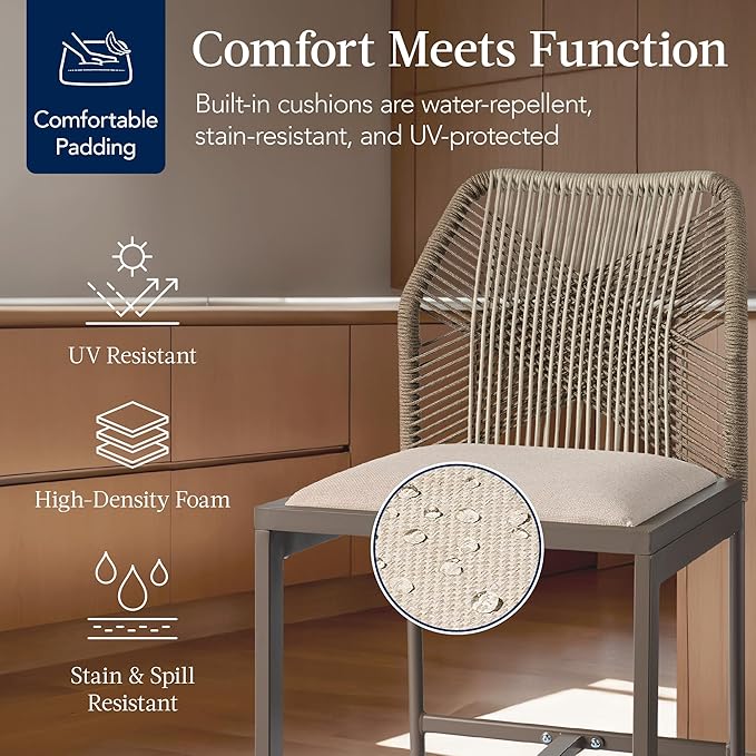 Best Choice Products Indoor Outdoor Counter Height Bar Stools Set of 2, Armless Kitchen Counter Stools w/Back and Footrest, Built-in Cushion, Aluminum Frame - Taupe/Sandstorm