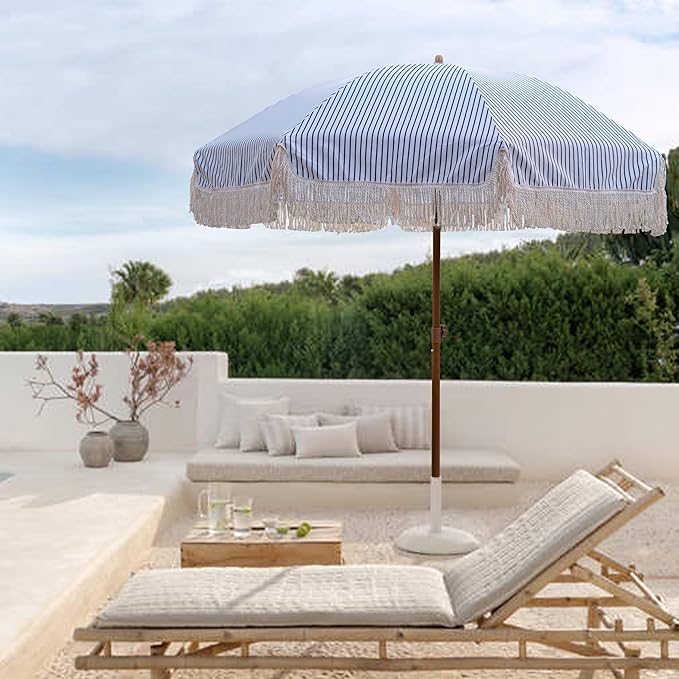 AMMSUN 7ft Patio Umbrella with Fringe Outdoor Tassel Umbrella UPF50+ Premium Steel Pole and Ribs Push Button Tilt, Navy Blue Stripes