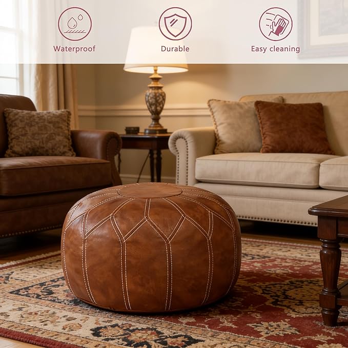 Thgonwid Unstuffed Moroccan Faux Leather Pouf Ottoman with Storage - Handmade Boho Chic Multi-Use Footrest for Living Room, Bedroom, Patio - Round Ethnic Floor Cushion & Decorative Accent, Brown