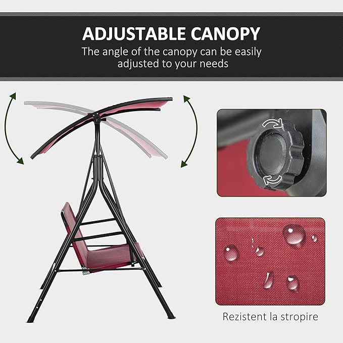 Outsunny 3-Person Porch Swing with Stand, Outdoor Swing for Patio Porch with Adjustable Tilt Canopy and Comfortable Swing Bench-Style Seat, Steel Frame, Wine Red