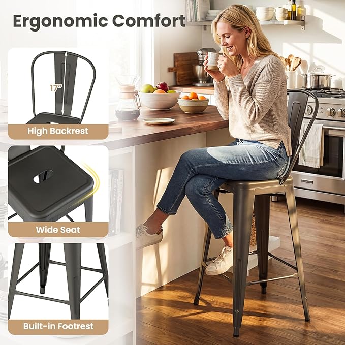 COSTWAY 24'' Metal Bar stools Set of 4, with Removable Back, Counter Height Stools with Rubber Feet, Stylish and Modern Chairs, for Kitchen, Dining Rooms, and Side Bar (Gun-Update, 24'')
