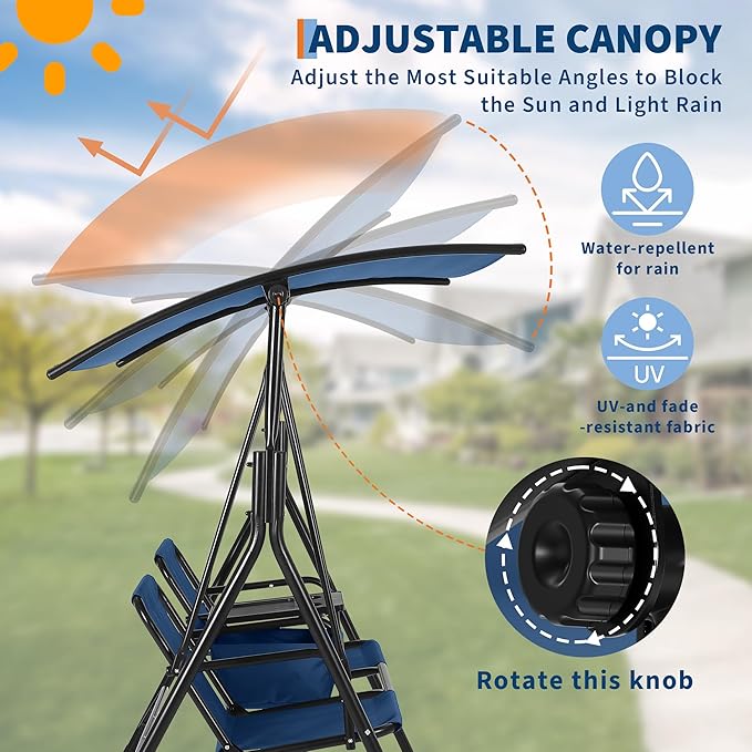 Porch Swing with Cup Holders & Pivot Storage Table & Cooler Bag with Adjustable Canopy for 2 Person Patio Swing for Backyard Balcony Poolside Red Blue