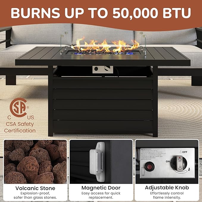 Solaste Aluminum Patio Furniture Set with Fire Pit Table, 4 Piece Metal Outdoor Furniture with Water-Resistant Cushions, Modern Patio Conversation Set for Backyard,Black Frame and Grey Cushion