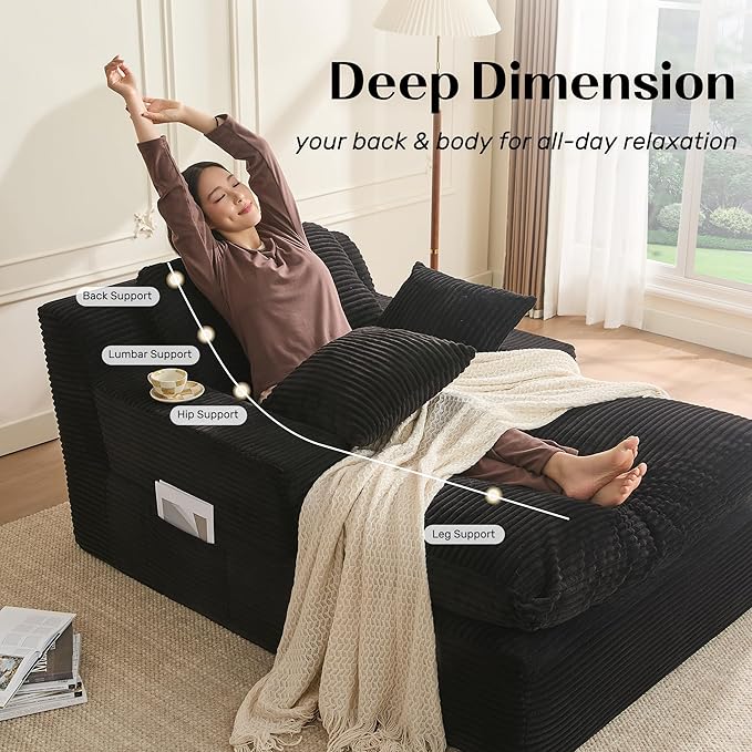 63" Chaise Lounge Chair Indoor, Set of Convertible Sleeper Sofa Couch with Throw Pillows & Side Pockets, Corduroy Upholstered Oversized Sofa Bed with Armrests for Living Room Bedroom, Black