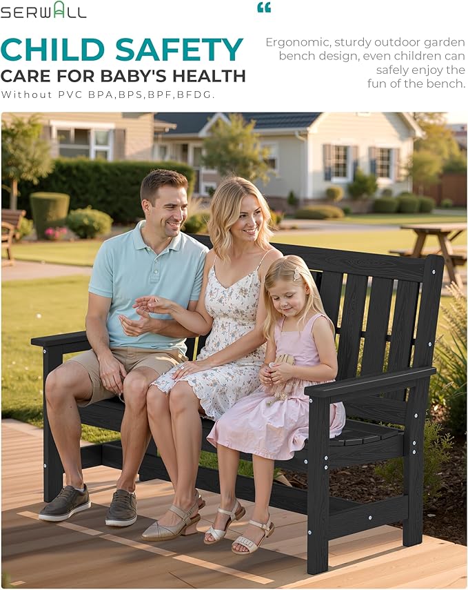 SERWALL Outdoor Bench with Cup Holder, 58" HDPE Garden Park Bench Suitable for 3 Person, All Weather Patio Benches with High Backrest and Wide Armrests for Garden, Park, Yard, Front Porch, Black