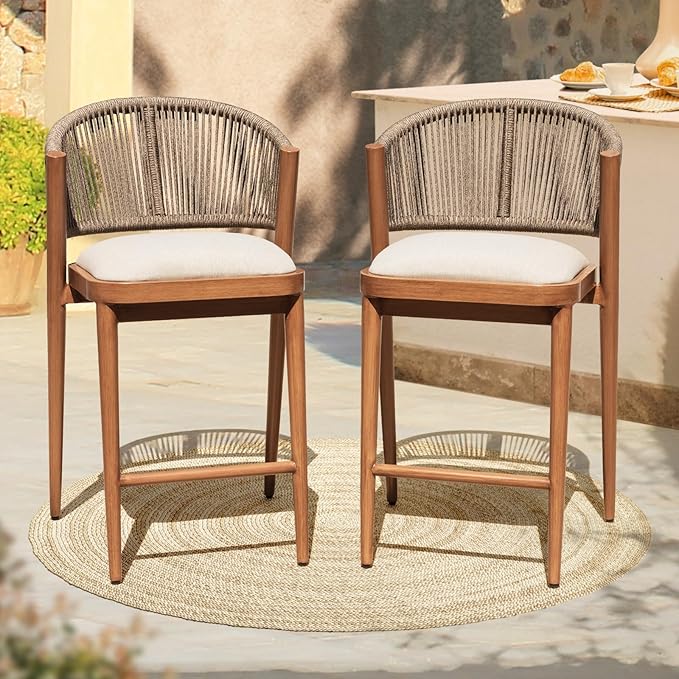 IDZO 400lbs Capacity Counter Stools Set of 2, 24 Inches Counter Height Bar Stools with Cushions, Durable Rope Design, Ergonomic Backrest for Indoor and Outdoor Comfort, Easy Assembly for Any Space