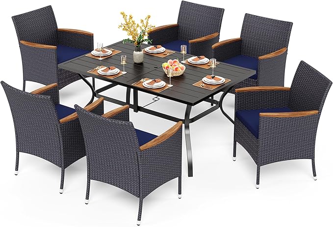 PHI VILLA 7-Piece Outdoor Patio Dining Set for 6, Metal Steel Frame Table with Umbrella Hole & All Weather PE Rattan Cushioned Chairs Set, for Deck, Yard, Porch