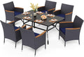 PHI VILLA 7-Piece Outdoor Patio Dining Set for 6, Metal Steel Frame Table with Umbrella Hole & All Weather PE Rattan Cushioned Chairs Set, for Deck, Yard, Porch