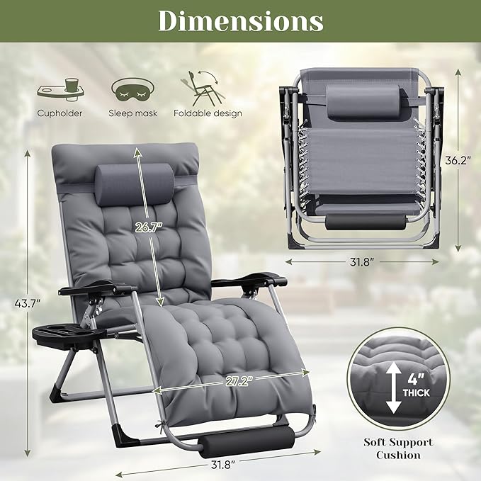 Homall Oversized Zero Gravity Chair, Set of 2 Recliner Lounge Chair with Removable Soft Cushion and Cup Holder, Adjustable Anti Gravity Chair Folding Patio Chairs Padded for Indoor and Outdoor (Gray)