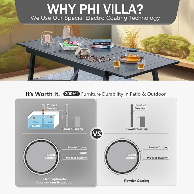 PHI VILLA 9 Pieces Outdoor Dining Set for 8, 84" Long Expandable Metal Steel Table & Stacking Wrought Iron Chairs, Modern Furniture Set for Patio, Deck, Yard, Porch - Black