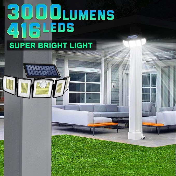 Solar Lights Outdoor Waterproof Motion Sensor - 416 LEDs 3000 Lumens Super Bright 3 Brightness 3 Modes 2400mAh 360° Illumination 32ft Solar Flood Security Light for Outside (‎With Remote Control, 3)
