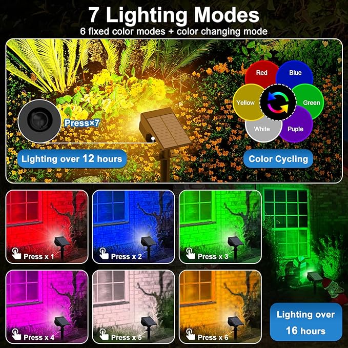 Solar Color Changing Spot Lights Outdoor Waterproof Colored RGB Solar Powered Landscape Lights for Yard 7 Lighting Modes Multicolor Solar Spotlights for Pathway Garden Outside (2 Pack)