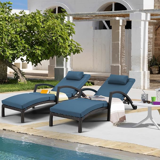 HOMREST Chaise Lounge Chairs Set of 2, PE Rattan Wicker Patio Lounge Chair with Adjustable 5 Position, Arm and Wheels for Poolside Backyard Deck Porch,Dark Blue