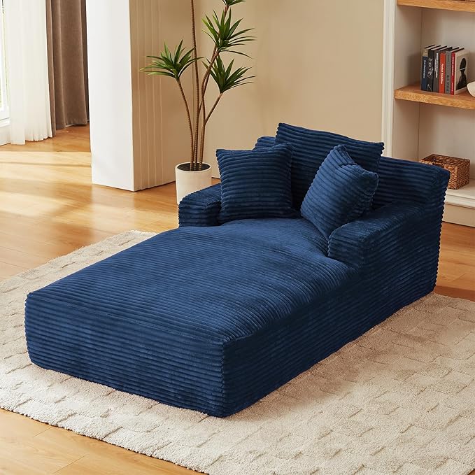 78.7" Chaise Lounge Chair Indoor, Oversized Boneless Couch Comfy Upholstered Sleeper Sofa Bed with 3 Pillows, Corduroy Cloud Reading Chair for Living Room No Assembly Required, Blue