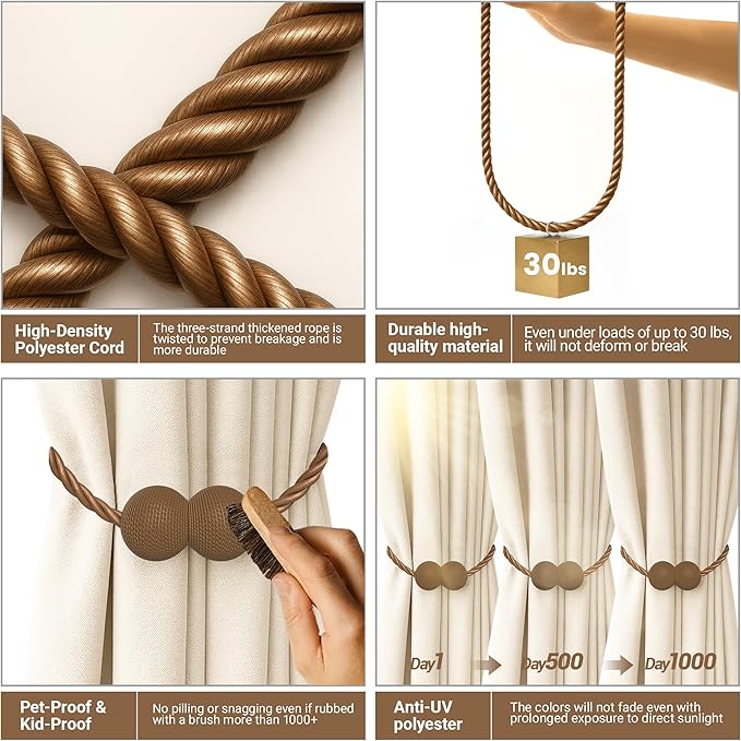 Hion Magnetic Curtain Tiebacks Dark Brown 4 Pack, Curtain Tiebacks Buckles Holdbacks Holders Hooks Clip for Home Bedroom Office Decorative Thick or Thin Curtain