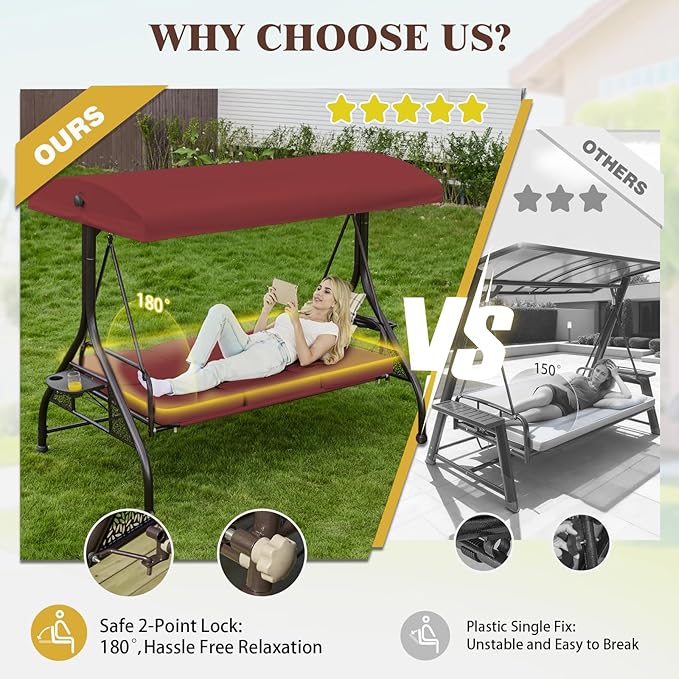 Upgrade 180° Convertible Outdoor Swing for Adults, Outdoor Porch Swing with Stand 800lb Bearing Capacity, 3-Seat Outdoor Swing with Canopy Adjustable, Thickened Cushions (Round, Wine Red)