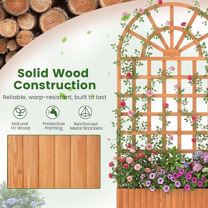 Giantex Wooden Raised Garden Bed with Arched Trellis, 71” Fir Wood Outdoor Elevated Planter Box Privacy Screen with Drainage Holes, Vertical Garden Bed for Climbing Plants, Patio Balcony Backyard
