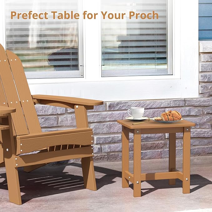 LUE BONA Outdoor Side Table Set of 2, HDPS Small Outdoor Adirondack Side Tables, Outside End Table for Patio, Porch, Deck, Pool, Weather Resistant/Easy Maintenance, Teak Color