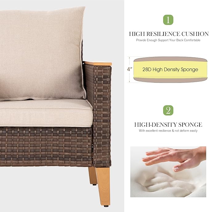 PHI VILLA 2-Piece Outdoor Wicker Furniture Set with 4-inch Thick Cushions, High Back Wicker Sofa for Deck, Yard, and Poolside in Elegant Beige