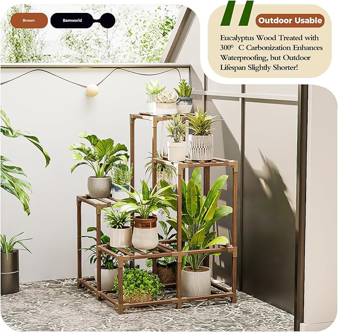 Bamworld Plant Stand Indoor Outdoor Corner Shelf Plant Holder 4-Pot Flower Stand Wood Plant Rack Indoor Multiple Plants Patio Balcony Garden Livingroom