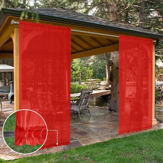 SpaceDresser Waterproof Outdoor Sheer Curtains for Patio - 2 Panels Rod Pocket Indoor Voile Sheer Curtain for Living Room,52W x 96L inch, Red