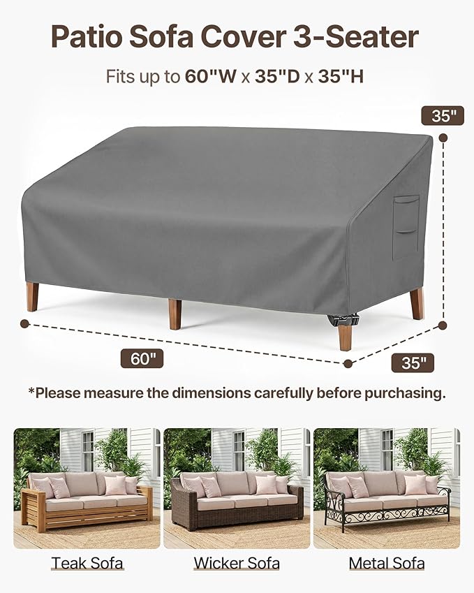 Vailge Heavy Duty Patio Sofa Cover, 100% Waterproof 3-Seater Outdoor Sofa Cover,Lawn Patio Furniture Covers with Air Vent and Handle,60" Wx 35" Dx 35" H,Grey