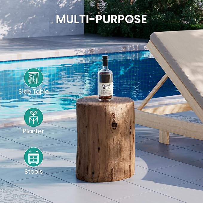 SUNBURY Outdoor Side Table Set of 2, Tree Stump Side Table Light Oak Colored Faux Wood, Wood Stump Stool, Ottoman or Plant Stand, Deck or Garden